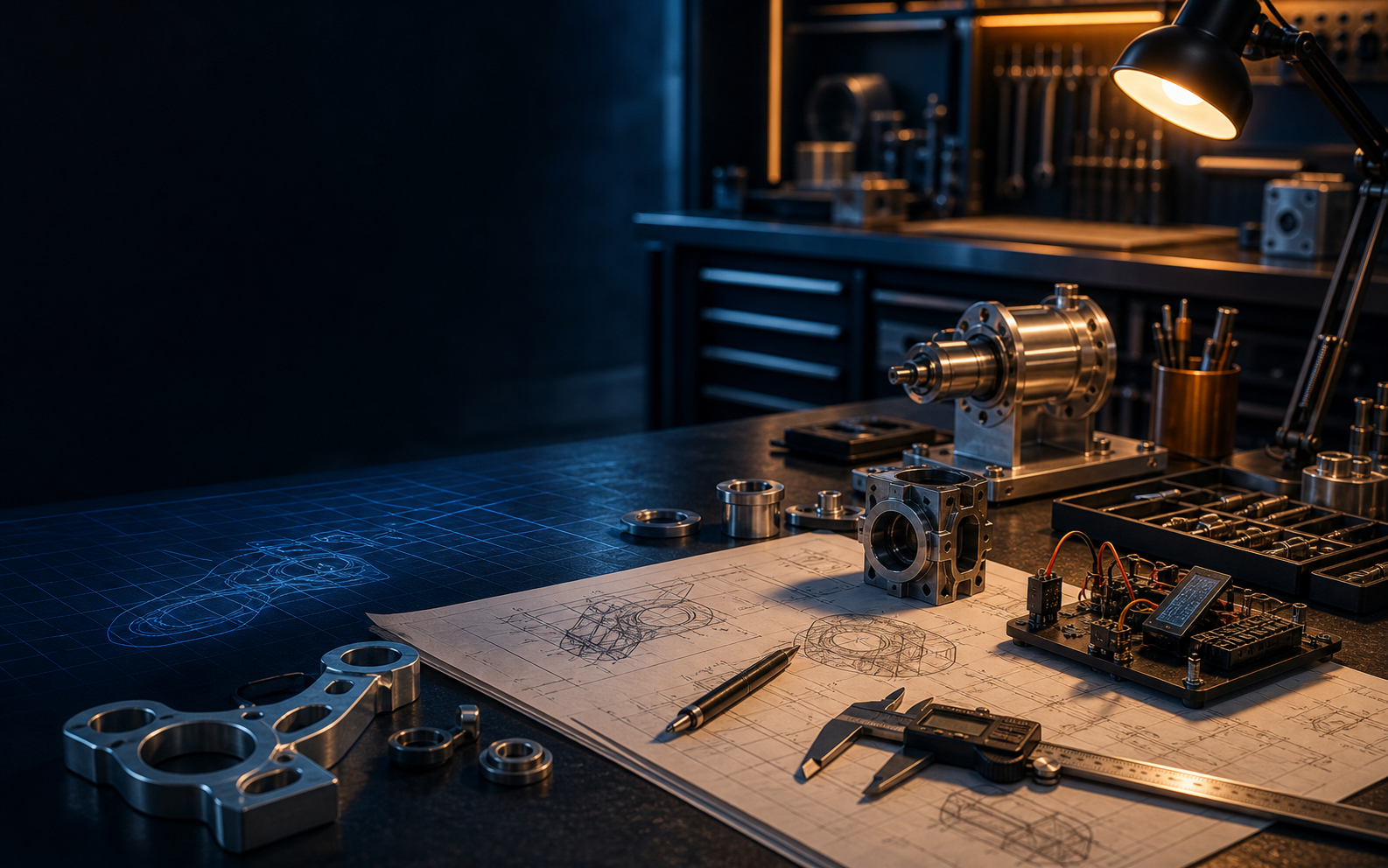 Engineering workbench with machined parts, CAD sketches, electronics, and calipers